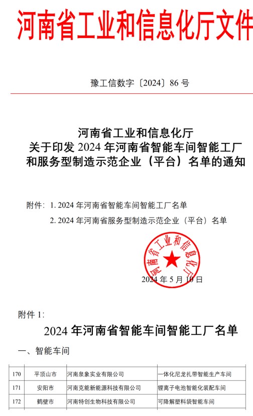 克能鋰電裝配車(chē)間被認(rèn)定為2024年河南省智能車(chē)間（2024年5月10日）